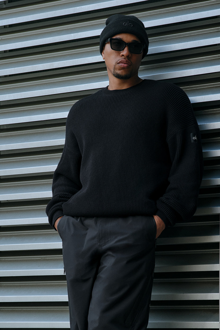 Domain Rib Knit Crew Sweater - Black | ALO