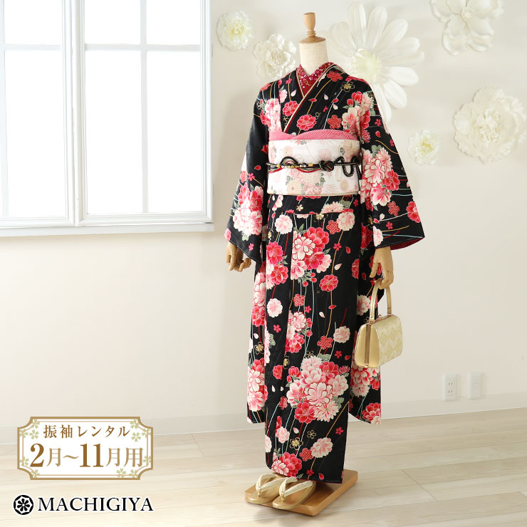 楽天市場】【レンタル】4泊5日 振袖 フルセット 桜に花薬玉 (黒×ピンク