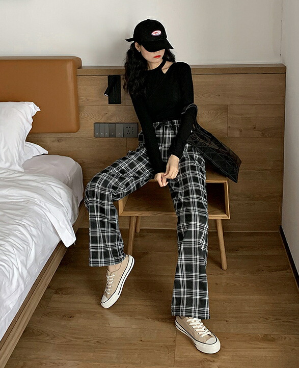 楽天市場】チェック パンツ ワイドパンツ レディース ウエストゴム