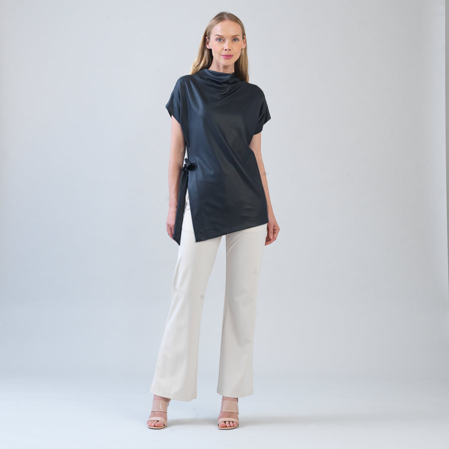 Liquid Leather™ - Funnel Neck Side Vent Tie Tunic - Black - Final