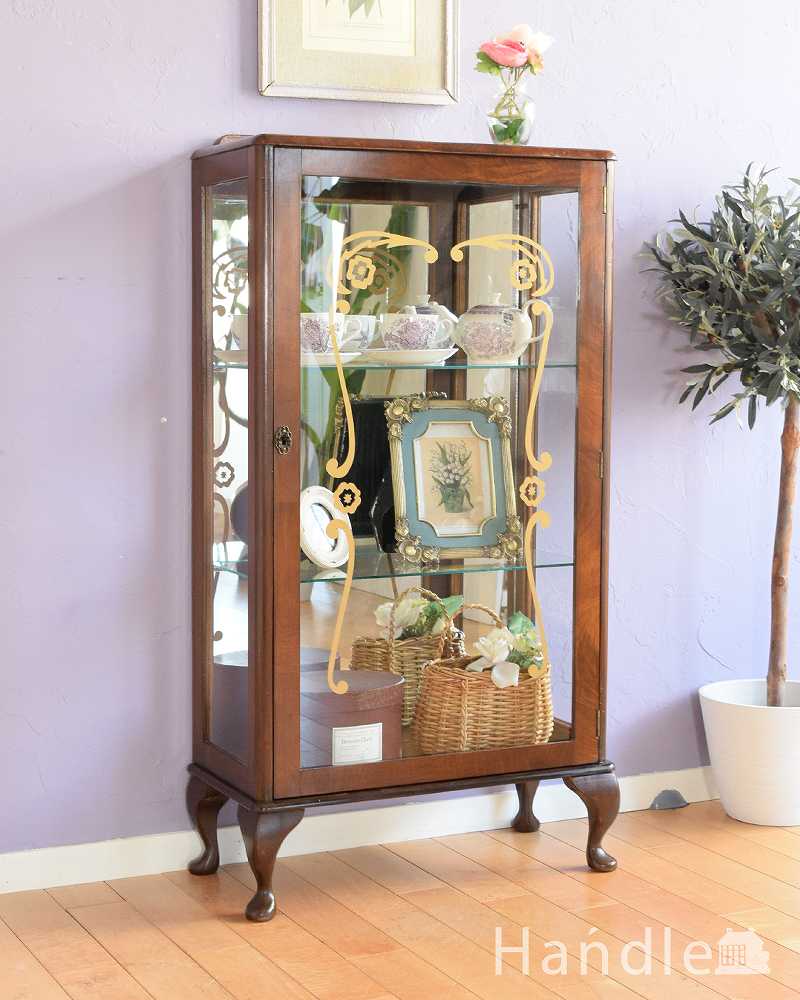 ミラーがキラッと輝くアンティークのショーケース、英国のガラス