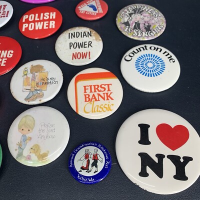 Vintage Pin Buttons Lot Of 40, 60s 70s 80s 90s 1” To 6” Hallmark