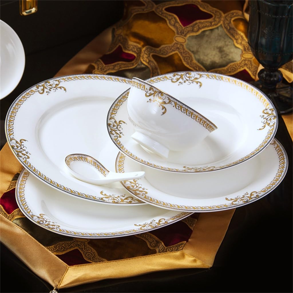 Amazon.co.jp: 食器セット 景徳鎮陶器食器 56点 金縁食器セット (D