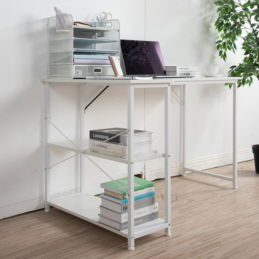 Amazon | 【ホワイト】広いスペース パソコンデスク L字 120cm 2段