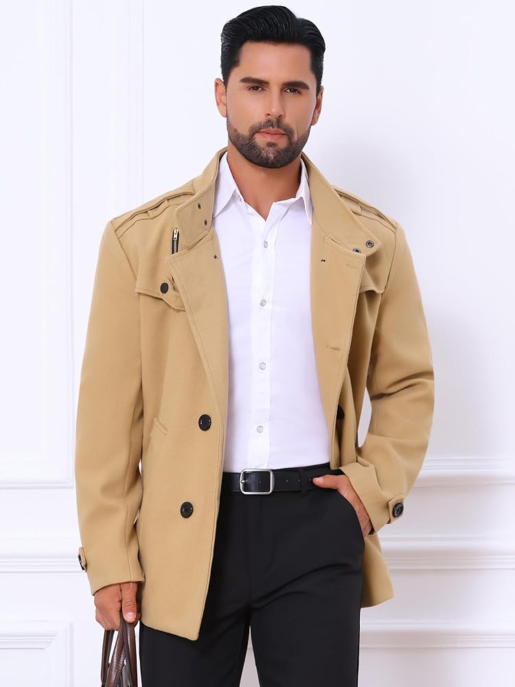 Lars Amadeus Men's Khaki Pea Coats Stand Collar Double Breasted