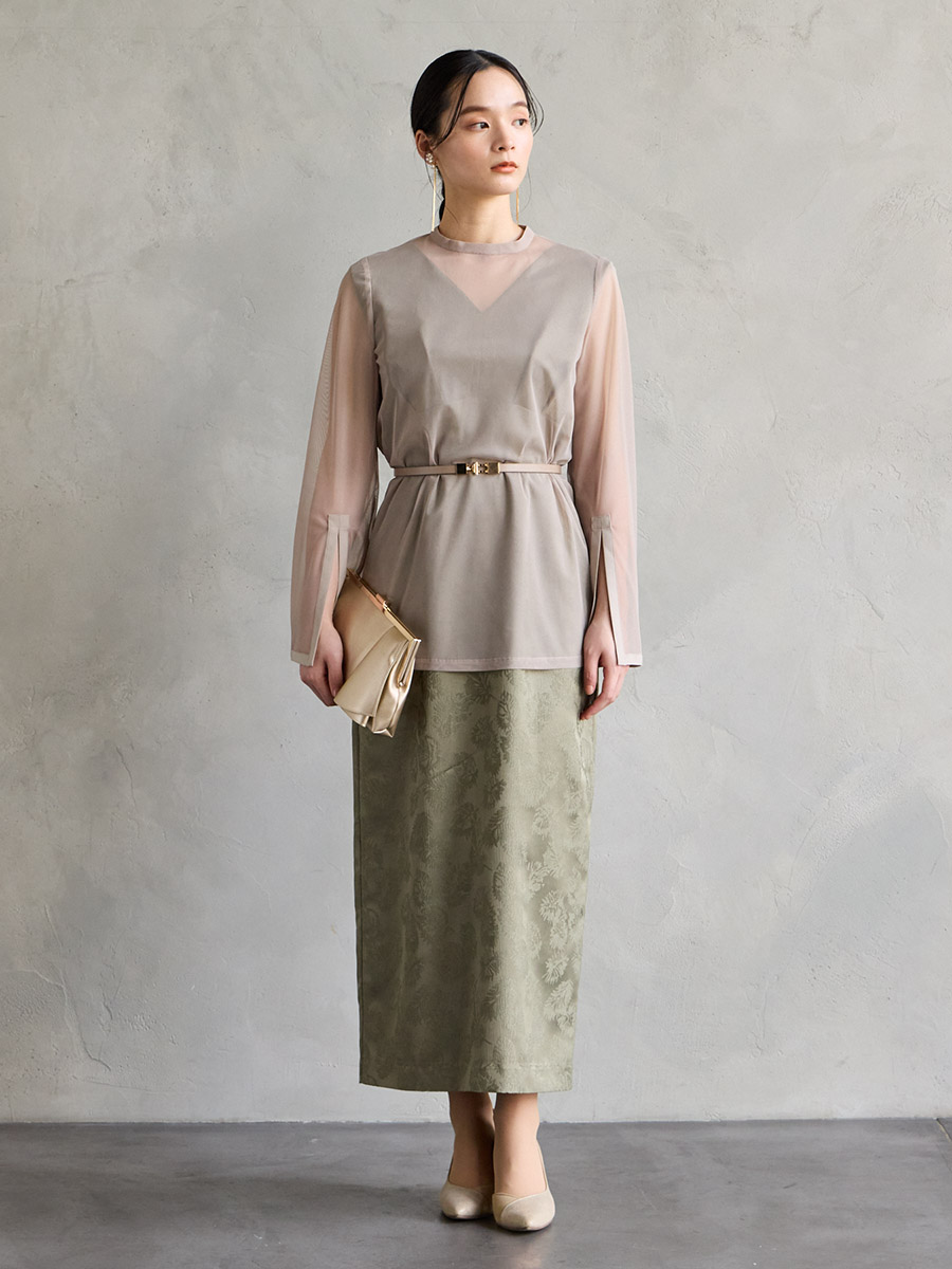 チュールブラウス付きジャカードIラインドレス(S イエローベージュ