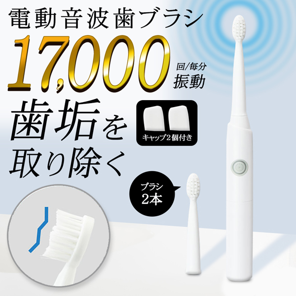 電動歯ブラシ 音波 振動 防水 17000回転/分 電池 替えブラシ2本