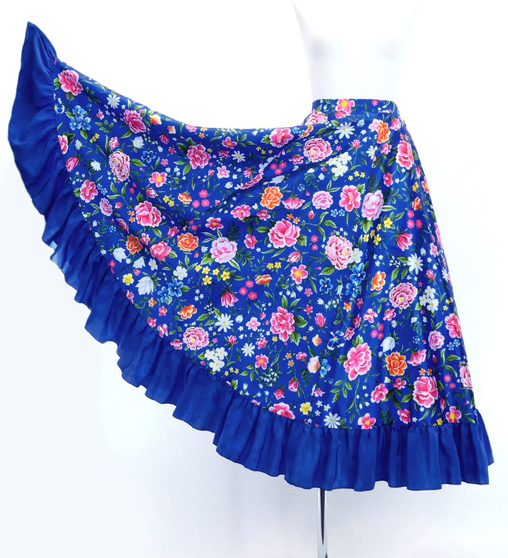 フラメンコ フリル ロングサーキュラースカート 花柄 ブルー S-Lサイズ