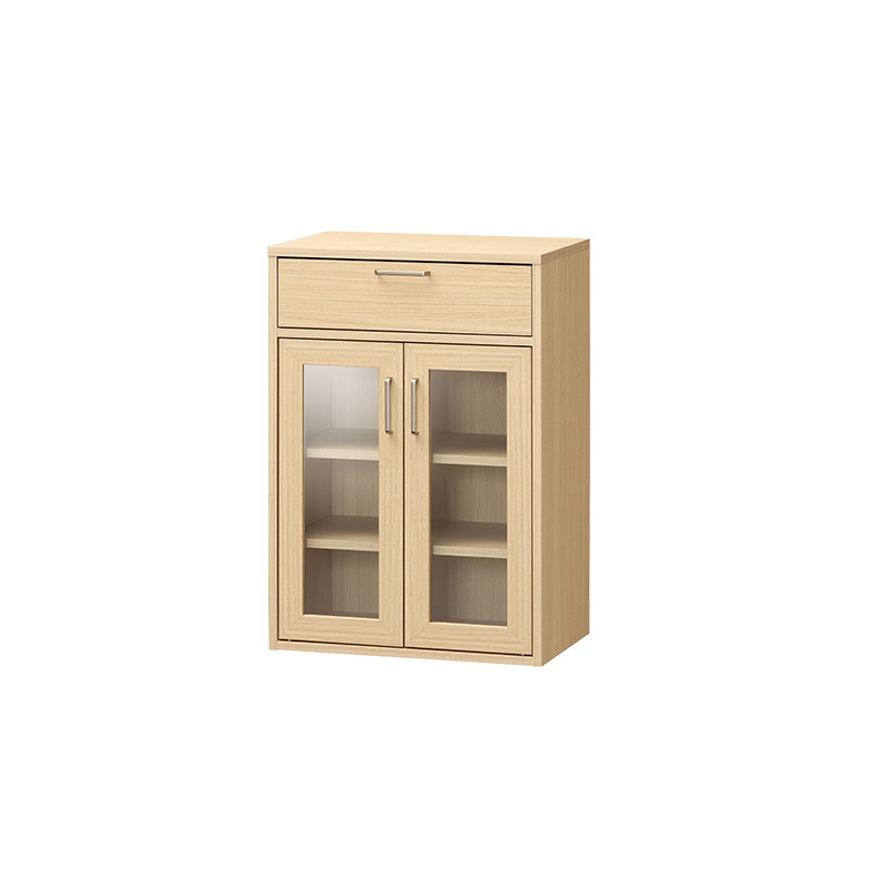 キャビネット ガラス扉 引き出し 木製 ナチュラル 幅60cm 奥行35cm 高