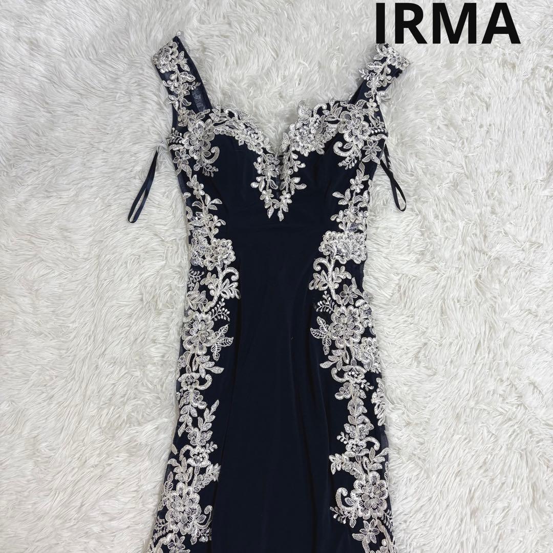 IRMA イルマ　ロングドレス　フラワー刺繍　ネイビー IRMA/イルマ】立体フラワー刺繍/ オフショル/ シアー/ スリット