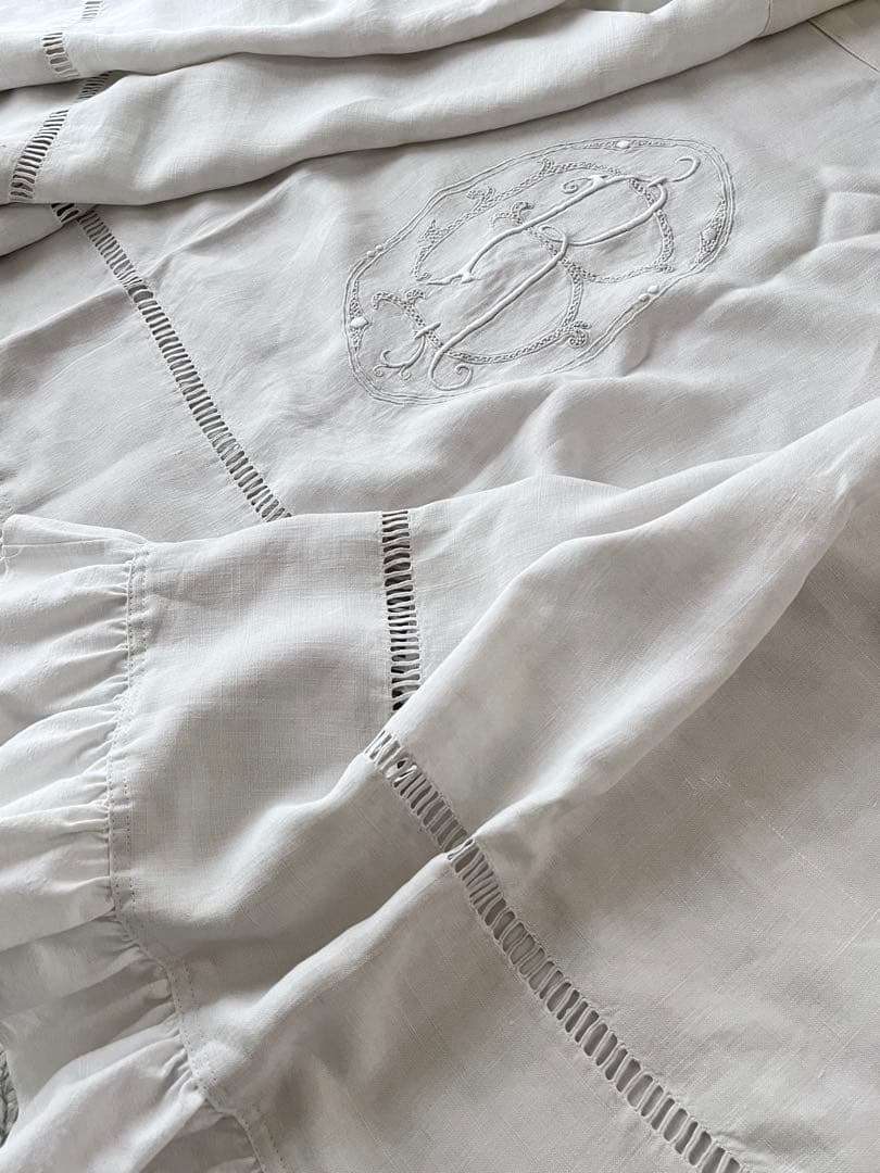 美品】フランスアンティーク BR手刺繍 ホワイトフリルカフェカーテン