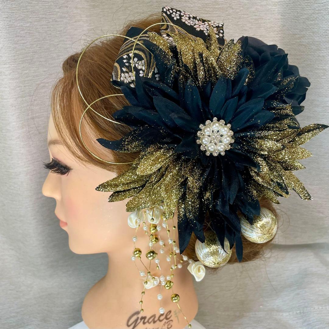 黒　ゴールド　和装髪飾り　振袖髪飾り　成人式髪飾り　色打掛髪飾り　結婚式 楽天市場】髪飾り 成人式 水引 振袖 和装 袴 花 2点セット ゴールド 黒