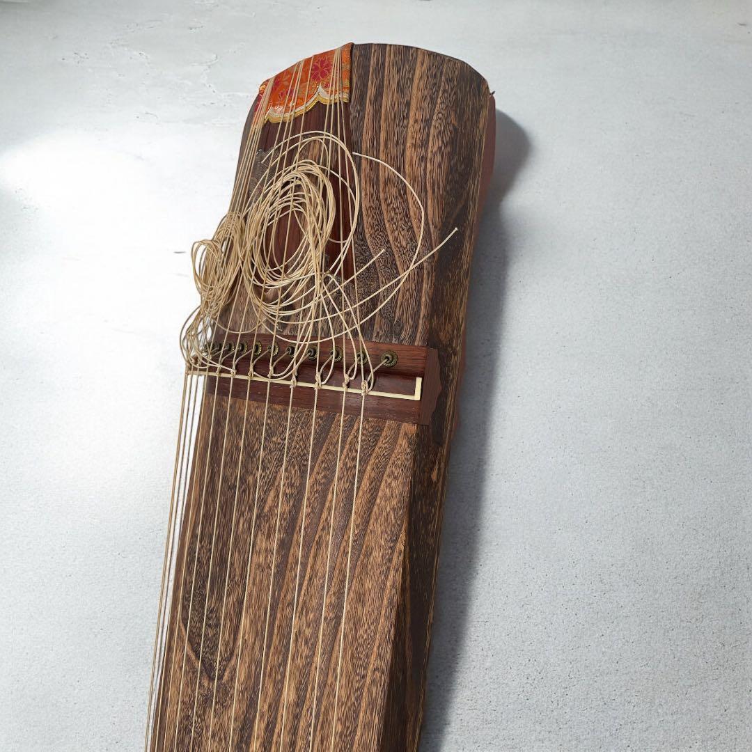 琴 筝 13弦 オレンジ飾り 鶴の絵 猫足 ヴィンテージ 木製