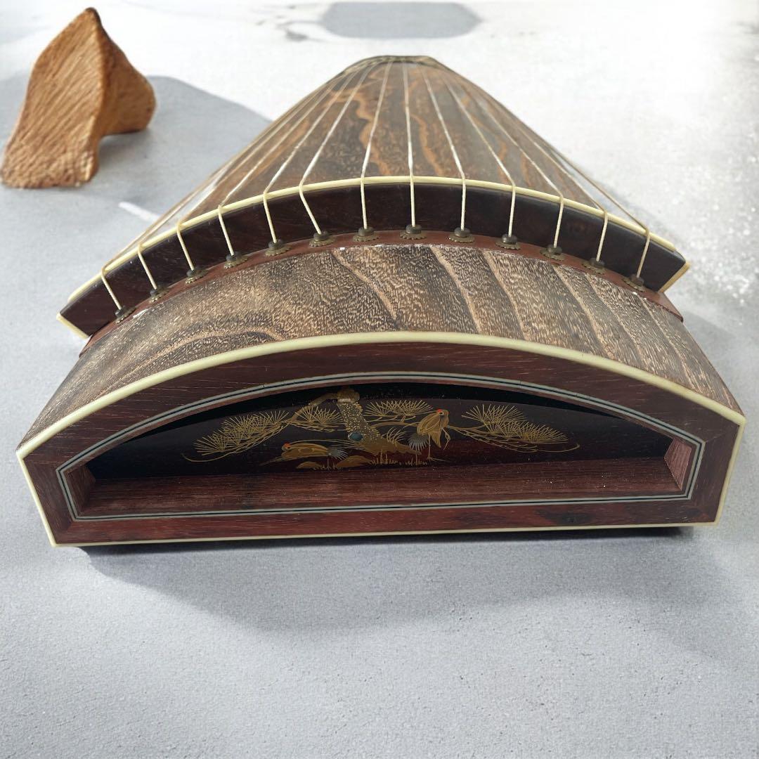 琴 筝 13弦 オレンジ飾り 鶴の絵 猫足 ヴィンテージ 木製