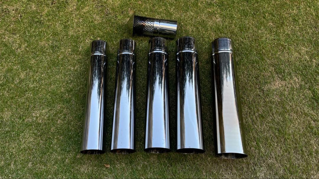 新保製作所・アウトドア専用マトリョーシカ煙突（径１０６mm）＋笠+ガイドリング アウトドア専用マトリョーシカ煙突（全長1300mm収納時300mm入れ子