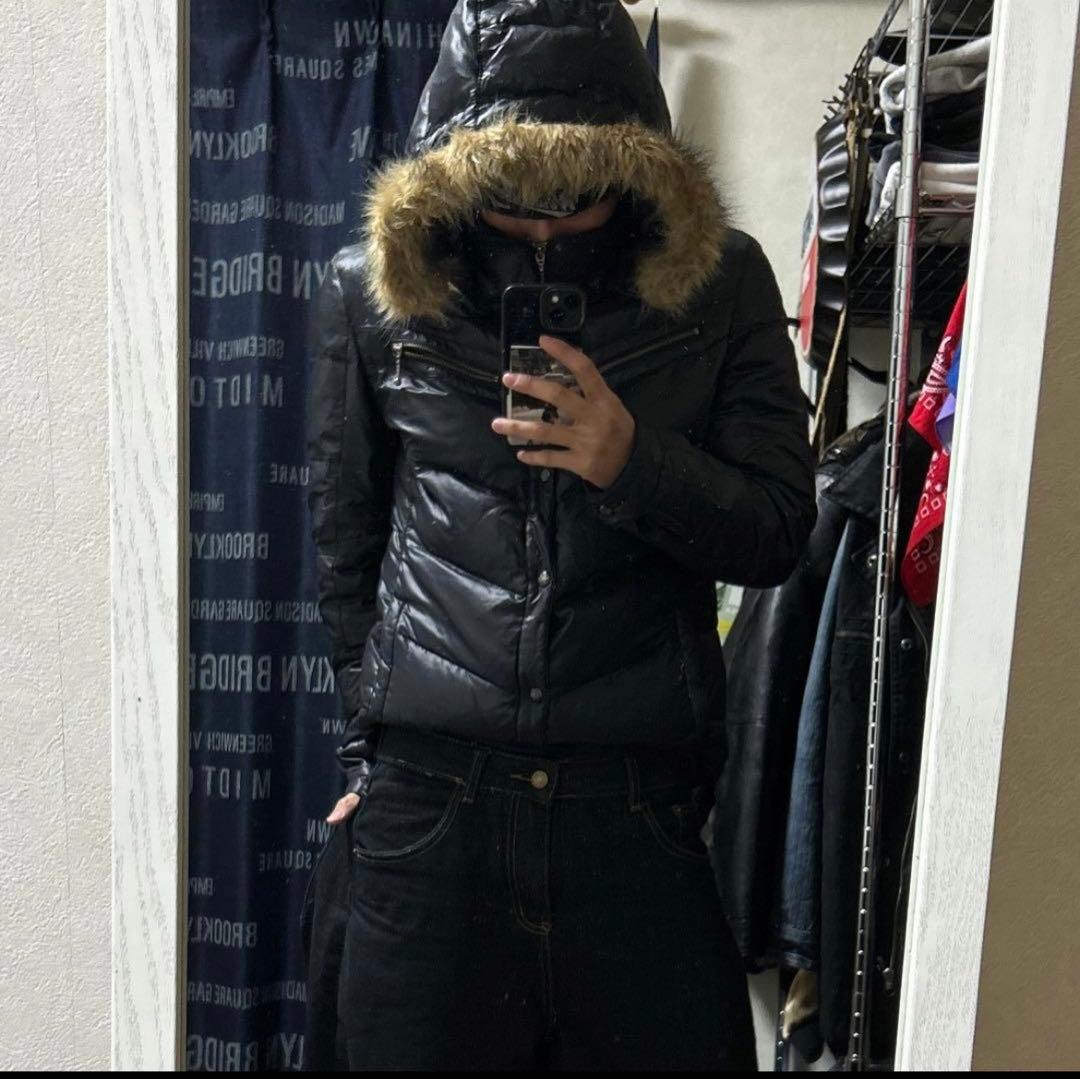 00s 短丈ファーダウンジャケットy2kストリート お兄系 平成 光沢　swag 00s y2k ファーダウンジャケット 平成 お兄系 光沢 タイト 青緑 短丈