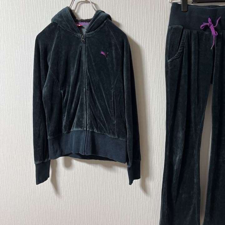 PUMA ベロア生地 ジャージ上下 セットアップ レディースS パーカー 黒