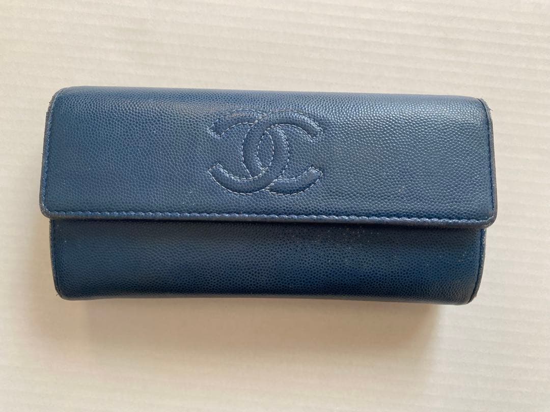 CHANEL シリアルタグ付き 長財布 CCロゴ キャビアスキン ブルー キャビアスキン シャネル 財布 CHANEL 長財布 ココマーク/CC ロゴ