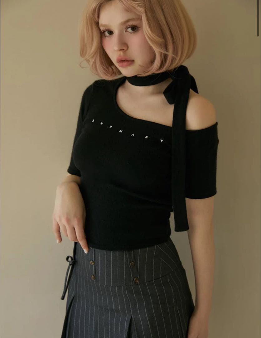 トップス Nana ribbon oneshoulder tops and mary ANDMARY】Nana ribbon oneshoulder tops