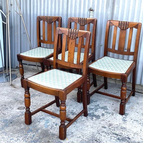 送料別　アンティーク　ダイニングチェア4脚セット　オーク材　ファブリック ダイニングチェア 4脚セット 肘付き 完成品 無垢 木製 天然木 PVC