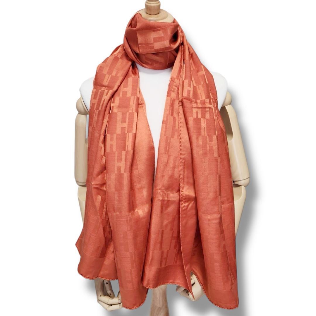【美品 75×180】エルメス ストール《グランアッシュ》H柄総柄 オレンジ