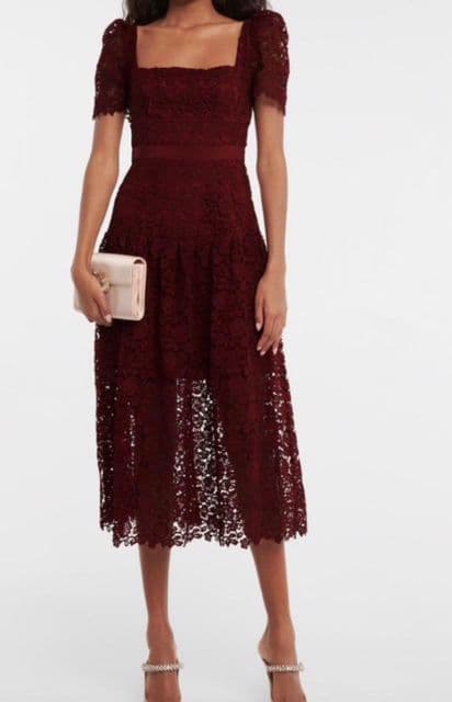 セルフポートレイト　ボルドー　ワインカラー　レース　半袖　フレアー　ワンピース レース×オーガンのフレアーワンピース 7号・ボルドー｜東京ソワール