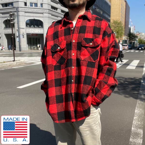 極美品 80's USA製 RED HEAD ブロックチェック ネルシャツ 赤黒系 3XL